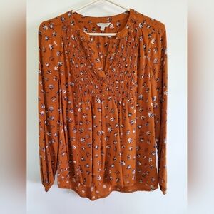 Lucky Brand Orange Smocked Long Sleeve Blouse